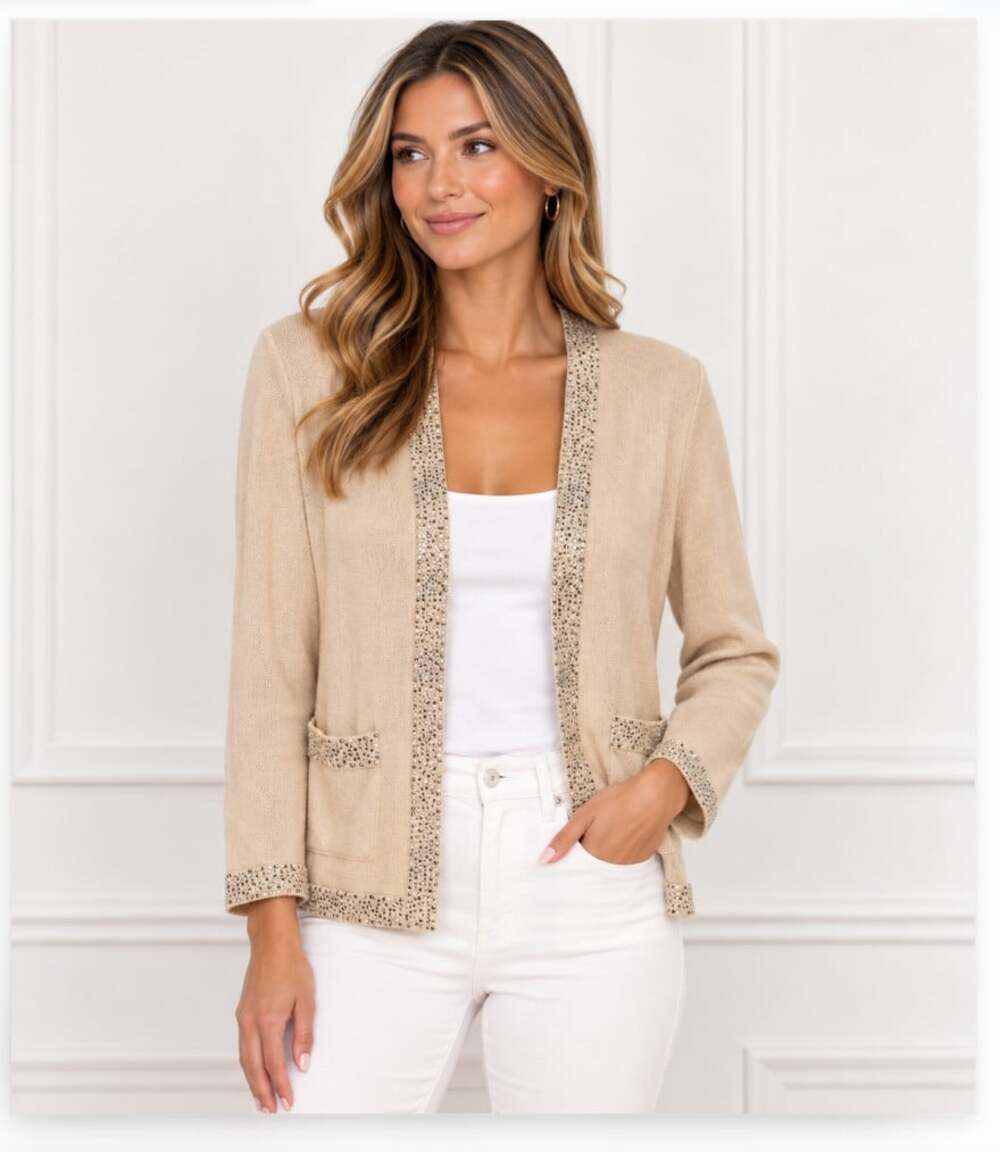 St. John Evening Cardigan Sweater Womens 12 Beige Beaded Open Front Formal